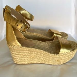 J. Crew Womens Platform Espadrille Leather Sandals Metallic Gold